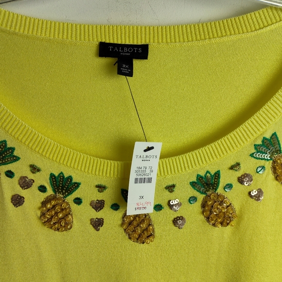 New Talbots Pineapple Embroidered shortsleeve sweater cotton yellow 3X plus size - Picture 3 of 12